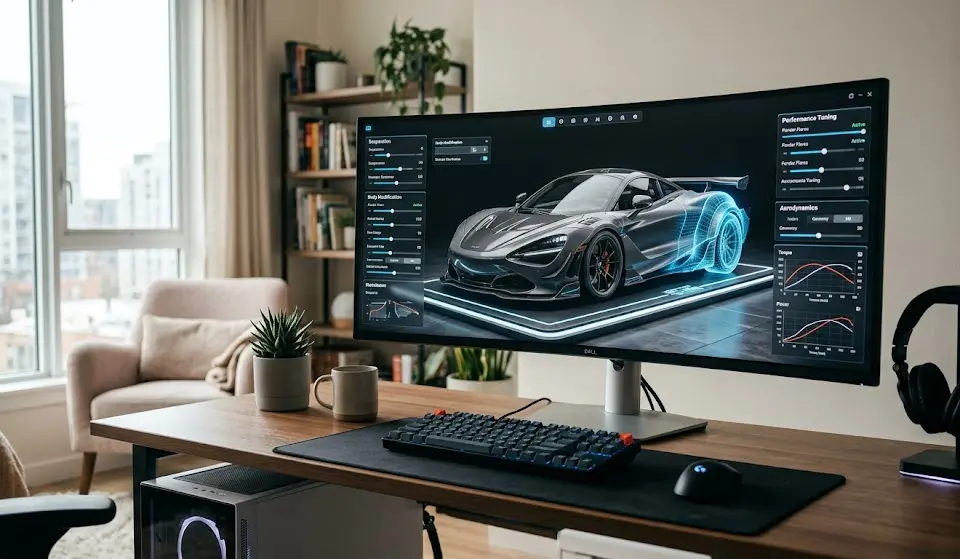 3D tuning game; car tuning simulator online; virtual car customization; sim racing car customization; 3D tuning setup