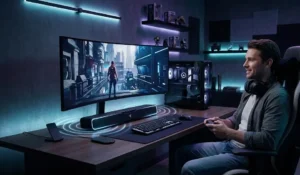AI soundbar for gaming; gaming soundbar with adaptive sound; smart soundbar for PC setup; soundbar for gaming monitor; low latency gaming soundbar gamer