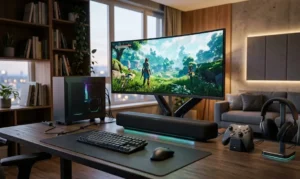 AI soundbar for gaming; gaming soundbar with adaptive sound; smart soundbar for PC setup; soundbar for gaming monitor; low latency gaming soundbar