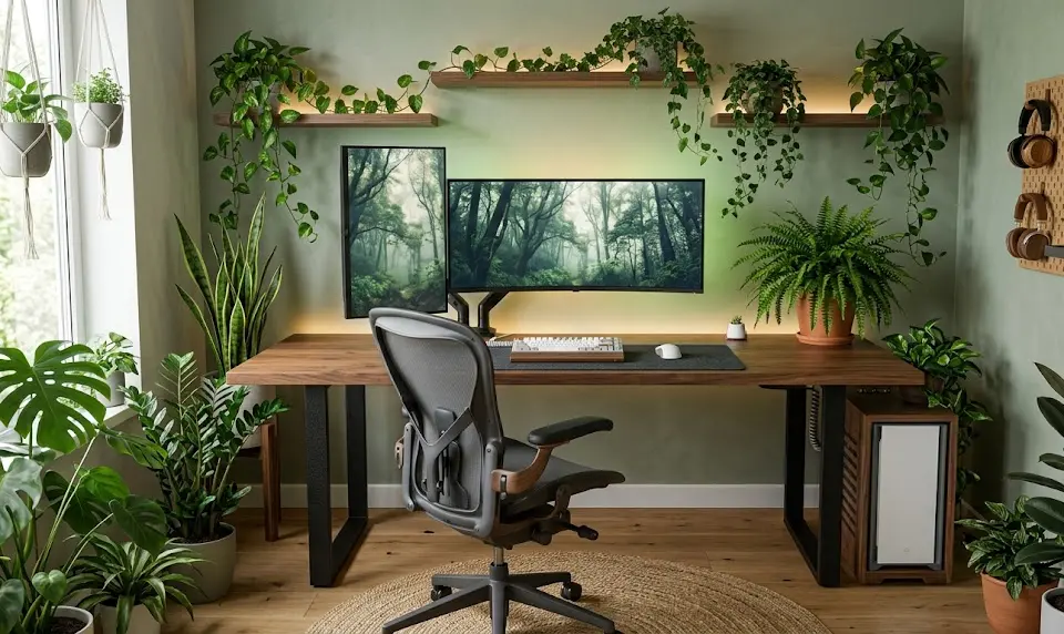 walnut gaming desk, nature gaming room, stealth setup, organic battle station gamer