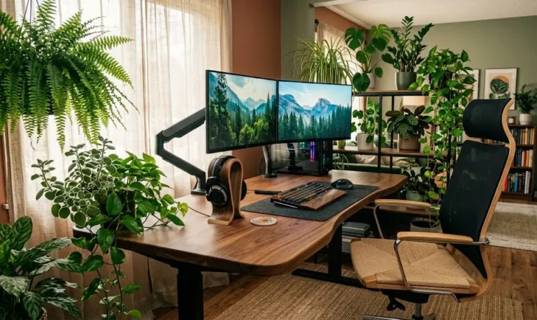 Biophilic Gaming Setup: 7 Amazing Ways To Boost Focus (Proven Guide) 5 walnut gaming desk, nature gaming room, stealth setup, organic battle station