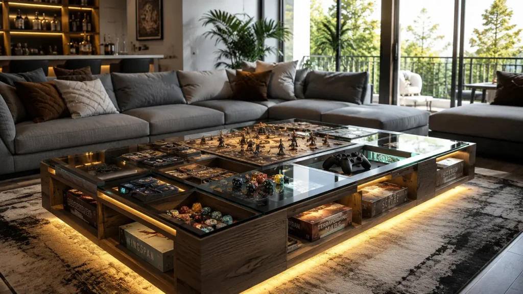 gaming coffee table with built in screen; coffee table for board games and video games; gaming living room table; arcade coffee table; coffee table with charging ports