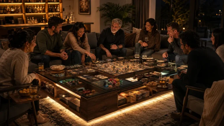 gaming coffee table with built in screen; coffee table for board games and video games; gaming living room table; arcade coffee table; coffee table with charging ports