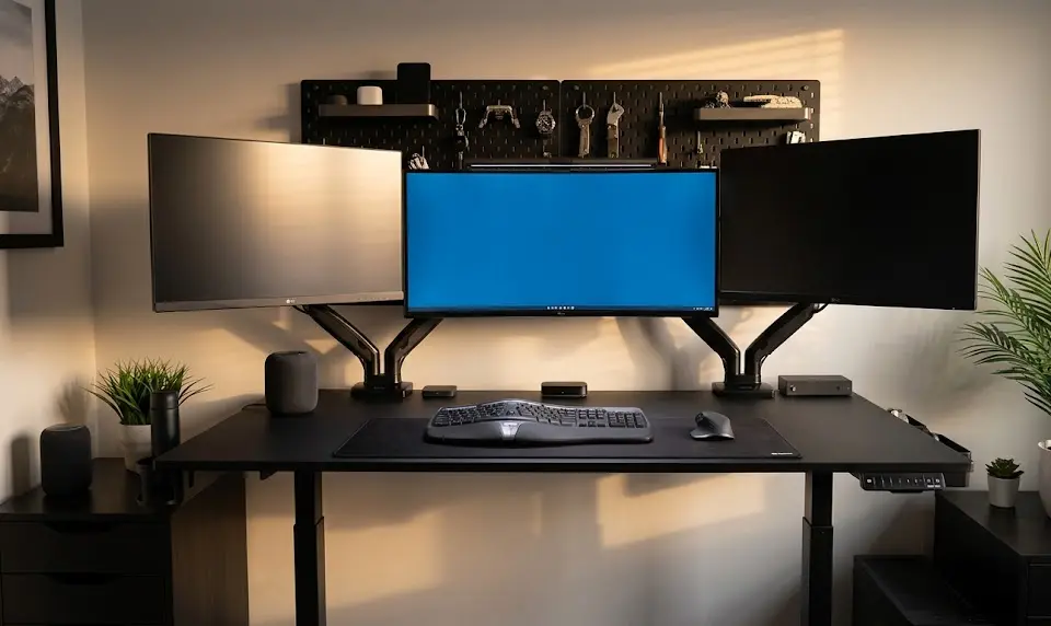 D-board desk ecosystem, deep ultrawide desk, wood texture sit stand desk, modular backboard desk gamer
