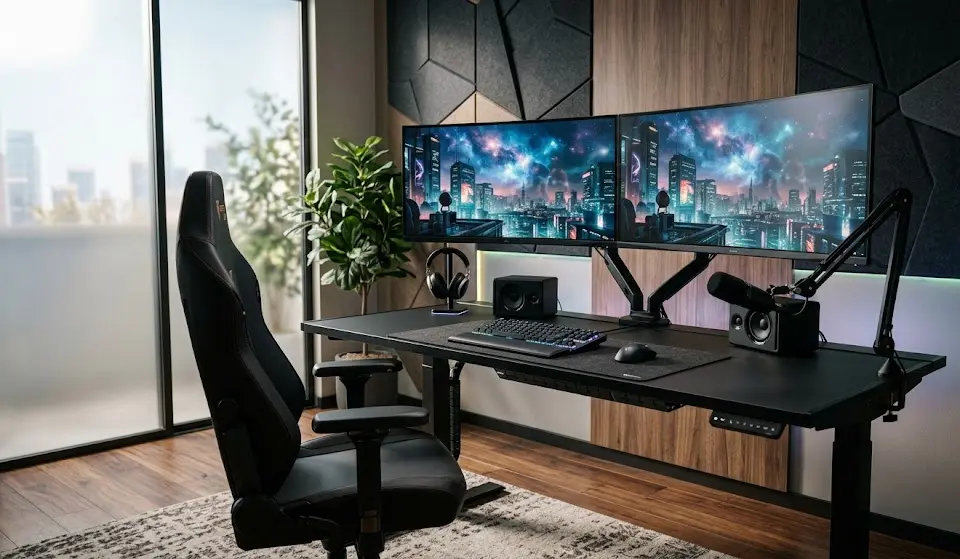 magnetic desk cable management, heavy duty sit stand desk, MAGPAD desk mat, Magnus Pro XL dual monitor gamer