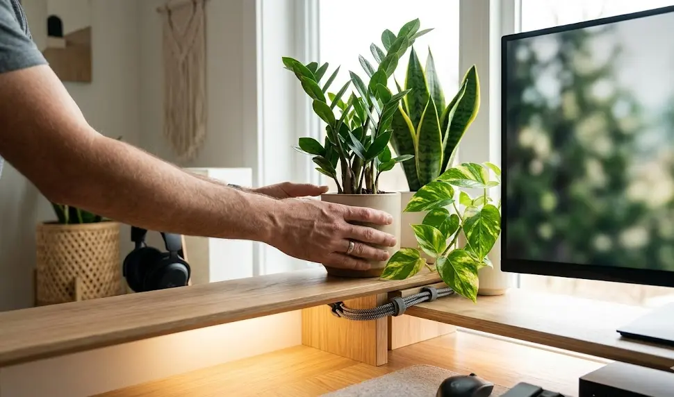 Biophilic Gaming Setup: 7 Amazing Ways to Boost Focus (Proven Guide) 3 plants for gaming desk, aesthetic wood desk shelf, warm white led strips gaming, boho style gaming room, minimalist natural gaming setup gaming