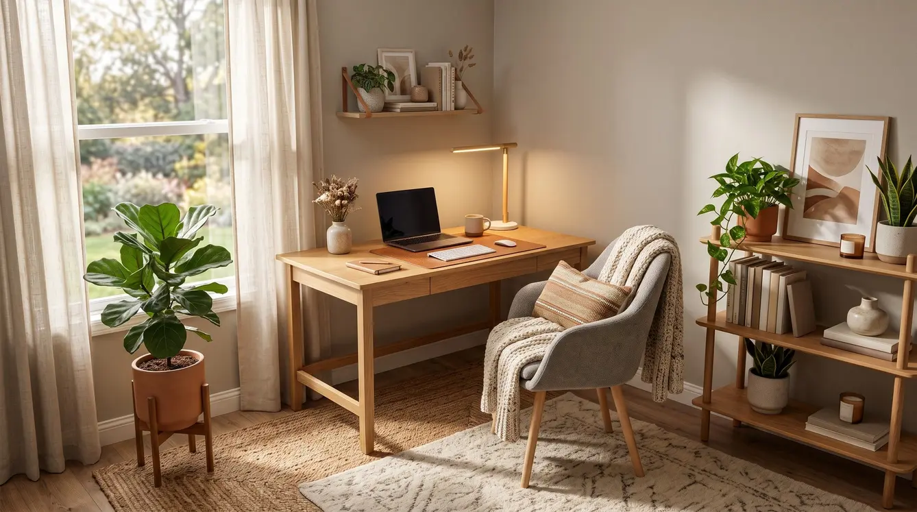 cozy office aesthetic; cozy office space; home office aesthetic; cozy desk setup; home office inspo; warm office decor ideas; cozy workspace with desk lamp; home office setup cozy
