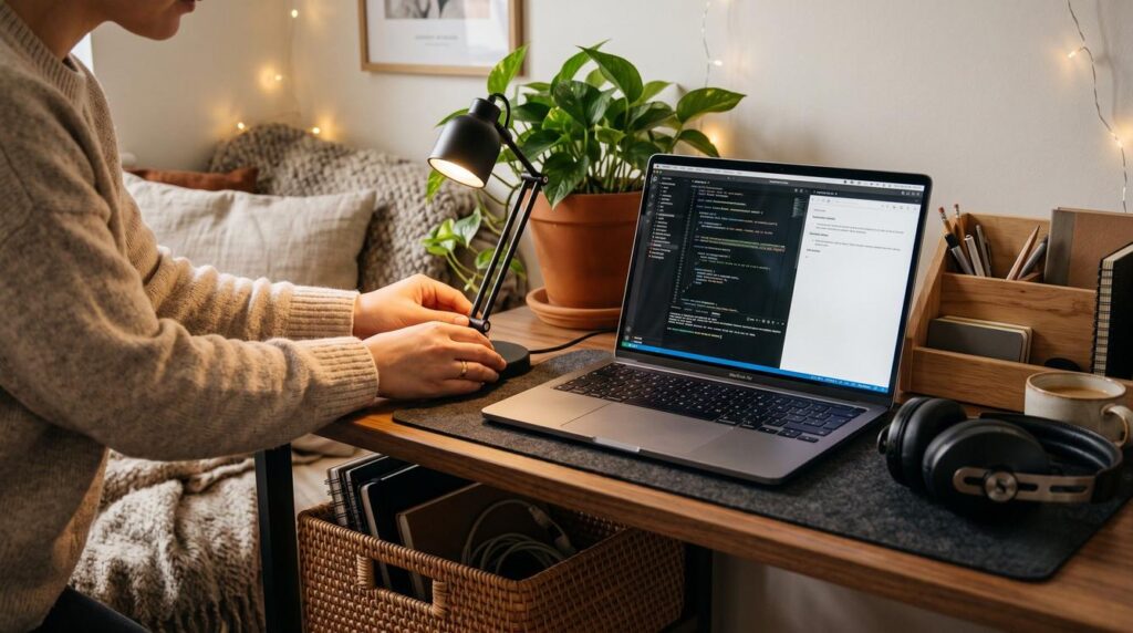 cozy office aesthetic; cozy office space; home office aesthetic; cozy desk setup; home office inspo; warm office decor ideas; cozy workspace with desk lamp; home office setup cozy gaming