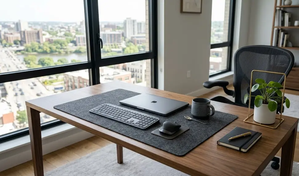 aesthetic desk mat minimal, harber london desk mat, felt vs leather desk pad, grey wool felt mousepad