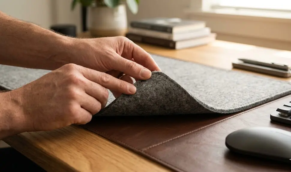 aesthetic desk mat minimal, harber london desk mat, felt vs leather desk pad, grey wool felt mousepad gaming