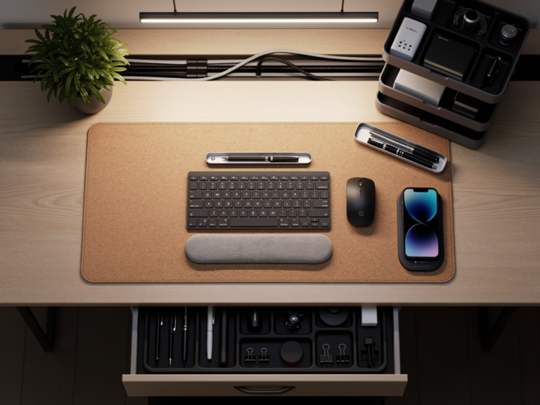 desk inspiration; cozy desk setup; cute desk setup office ideas; computer desk aesthetic; functional desk decor; desk organization; cozy study desk with warm lighting; work from home desk inspiration gamer