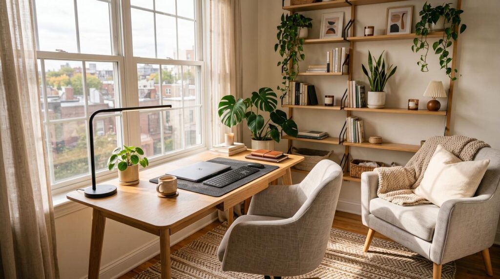 cozy office aesthetic; cozy office space; home office aesthetic; cozy desk setup; home office inspo; warm office decor ideas; cozy workspace with desk lamp; home office setup cozy gamer