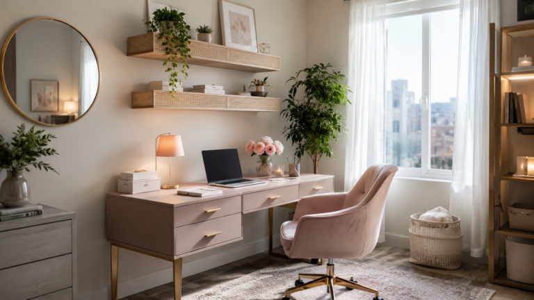 women’s home office; feminine home office; female office ideas; girly home office ideas chic; elegant home office ideas for women glam; womens office decor; office ideas for women small spaces gaming