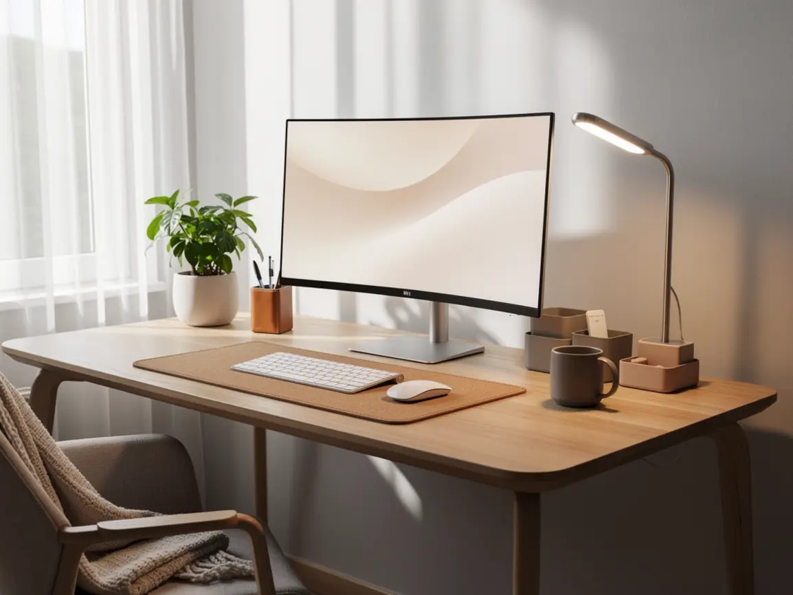 desk inspiration; cozy desk setup; cute desk setup office ideas; computer desk aesthetic; functional desk decor; desk organization; cozy study desk with warm lighting; work from home desk inspiration