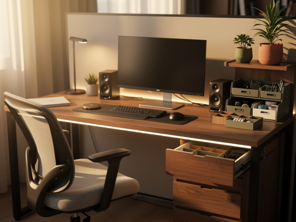 desk inspiration; cozy desk setup; cute desk setup office ideas; computer desk aesthetic; functional desk decor; desk organization; cozy study desk with warm lighting; work from home desk inspiration gaming
